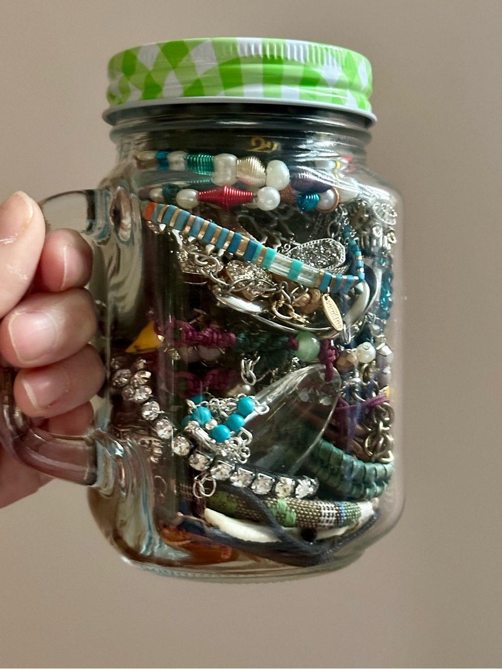 1lb Wearable Silver & Gold Tone Jewelry Mystery Lot - Mason Jar Glass w Straw